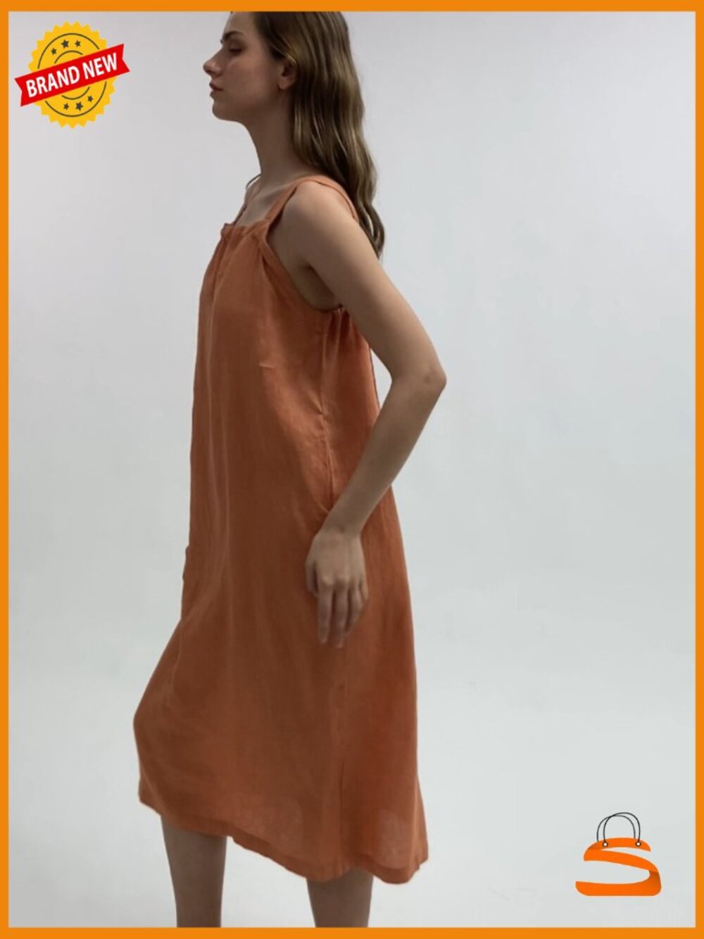 100% Linen Square Neck Sleeveless Tie Strap Midi Dress with Pockets - Picture 6 of 7
